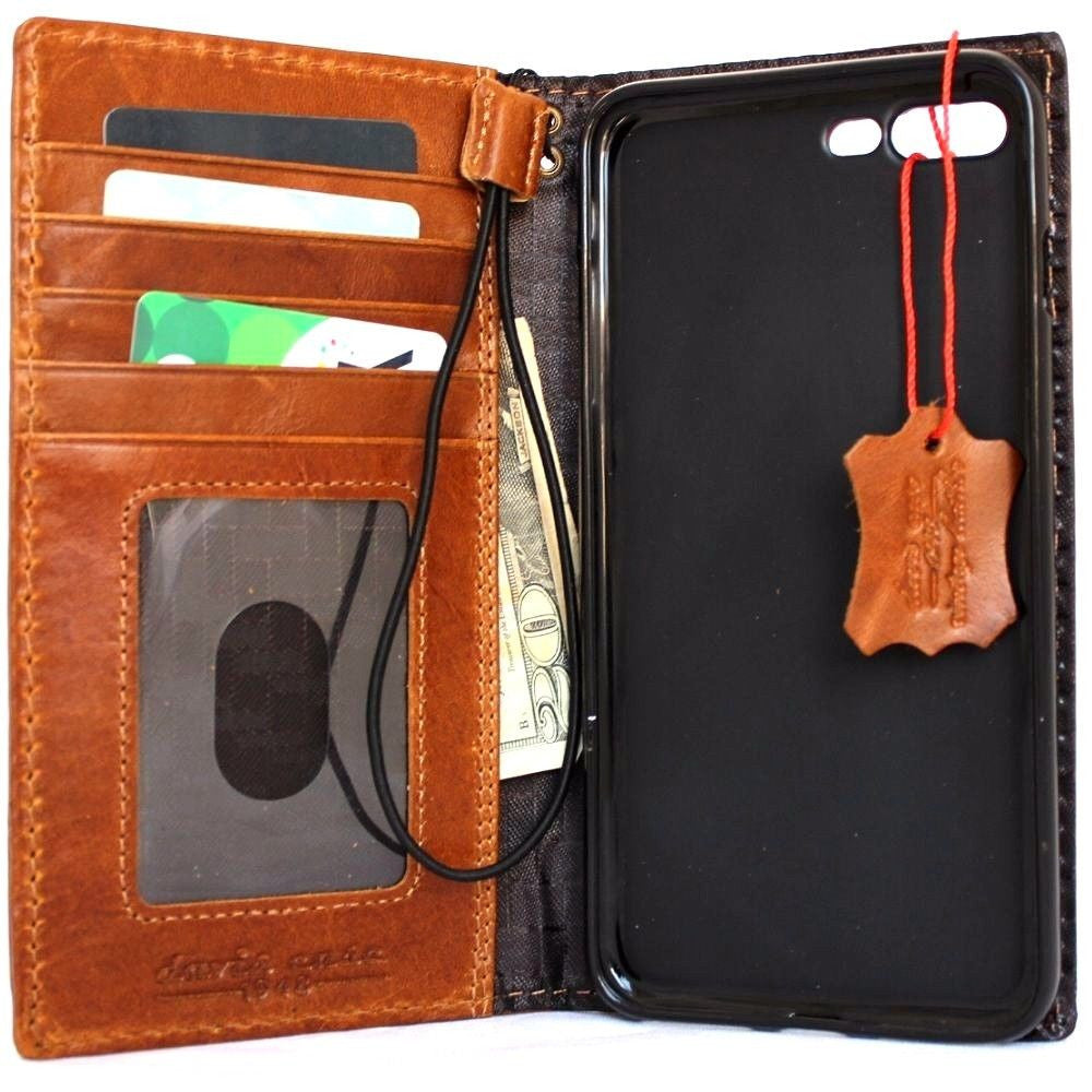Genuine full leather iPhone 8 Plus case and wallet by DAVISCASE, slim tan book-style cover with credit card slots and handcrafted detail.