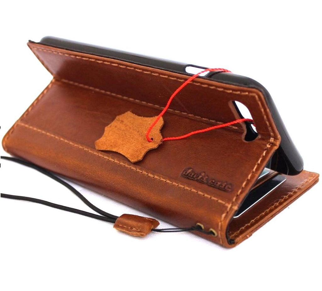 Genuine full leather iPhone 8 Plus case with wallet design, credit card slots, slim tan top grain leather by DAVISCASE.