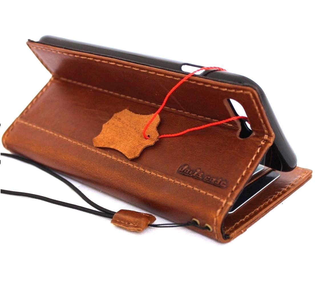 Genuine full leather iPhone 8 Plus case with wallet design, credit card slots, slim tan top grain leather by DAVISCASE.