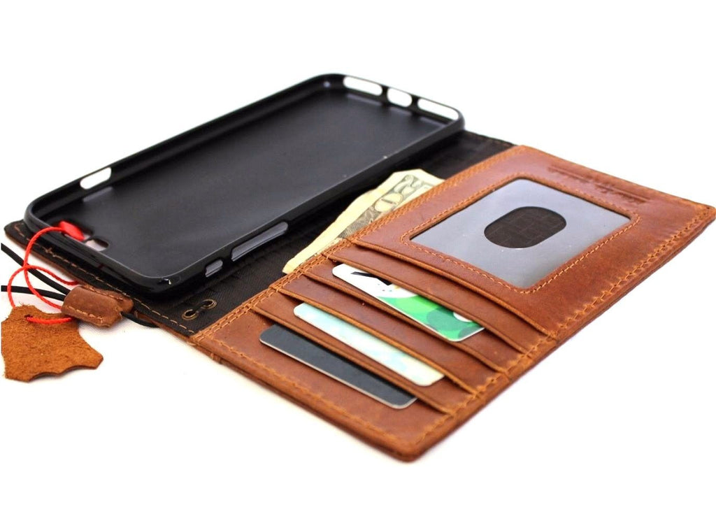 Handmade genuine tan leather iPhone 8 Plus case with wallet and credit card slots, slim and luxurious by DavisCase.