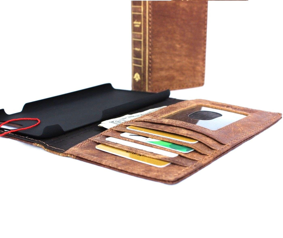 Bright brown genuine leather iPhone 8 Plus Bible book wallet cover with credit card slots, slim vintage style by DAVISCASE.
