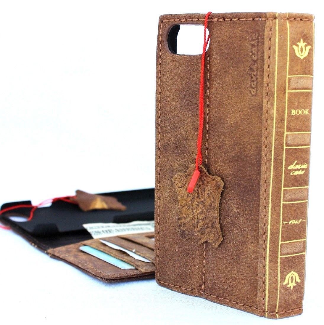 Bright brown genuine leather iPhone 8 Plus Bible book wallet case with credit card slots, slim vintage style by DavisCase.