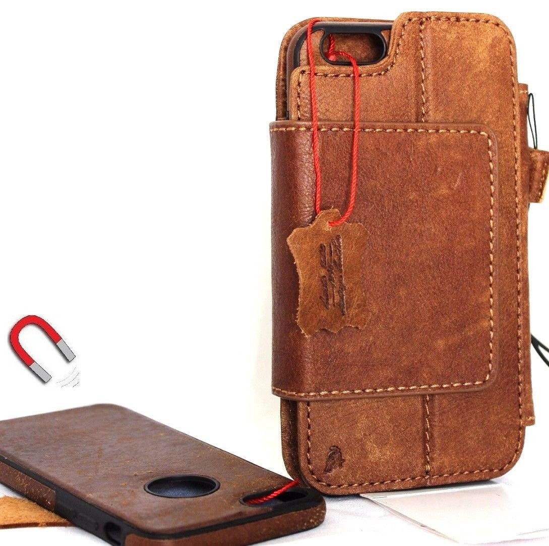 Genuine full leather removable case for iPhone 6s Plus with wallet-style design, credit card slots, and magnetic closure.