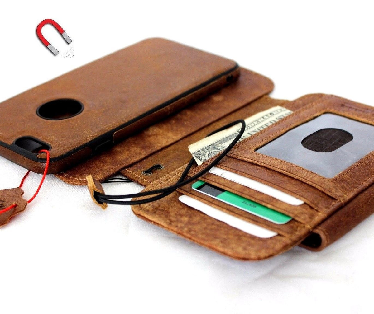 Handmade genuine leather iPhone 6s Plus removable case with wallet, credit card slots, magnetic closure, slim design, vendor-unknown.