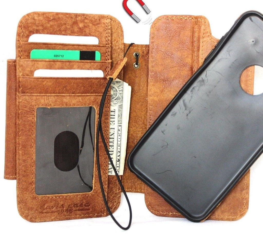 Genuine full leather removable wallet case for iPhone 6s Plus with credit card slots and magnetic closure, handmade phone cover.