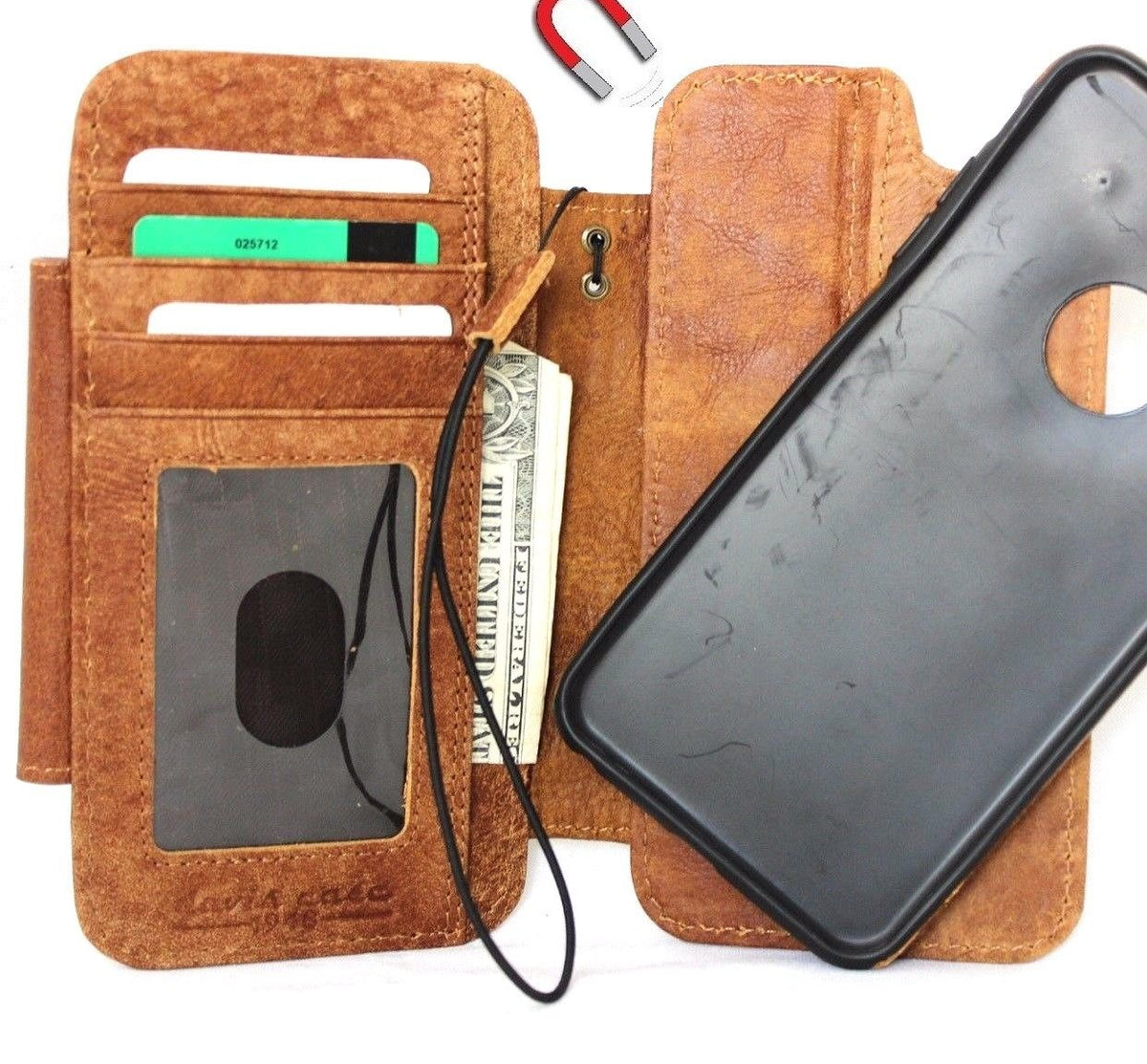 Genuine full leather removable wallet case for iPhone 6s Plus with credit card slots and magnetic closure, handmade phone cover.