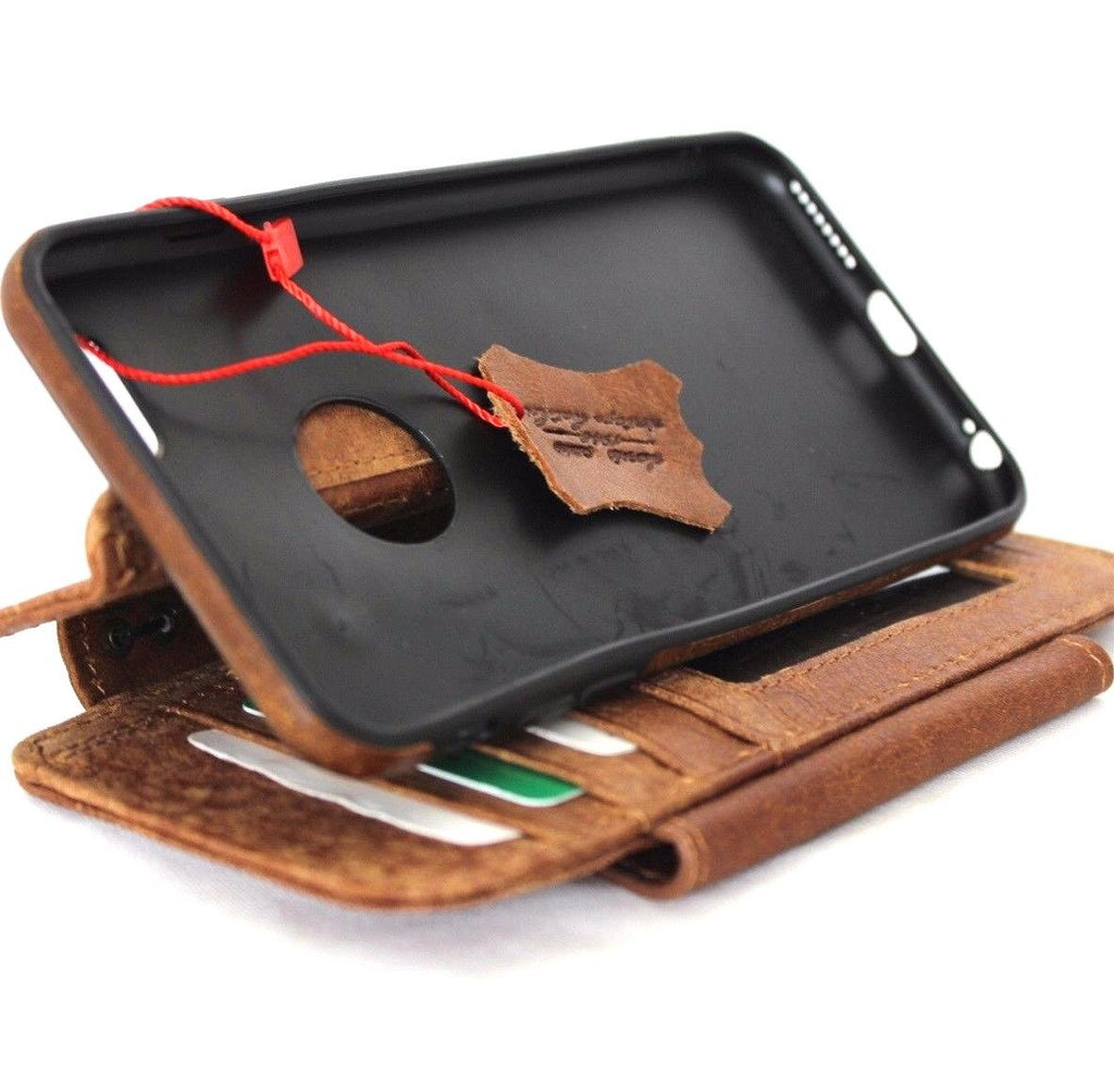 Genuine full leather removable wallet case for iPhone 6s Plus with credit card slots, magnetic closure, and slim design.