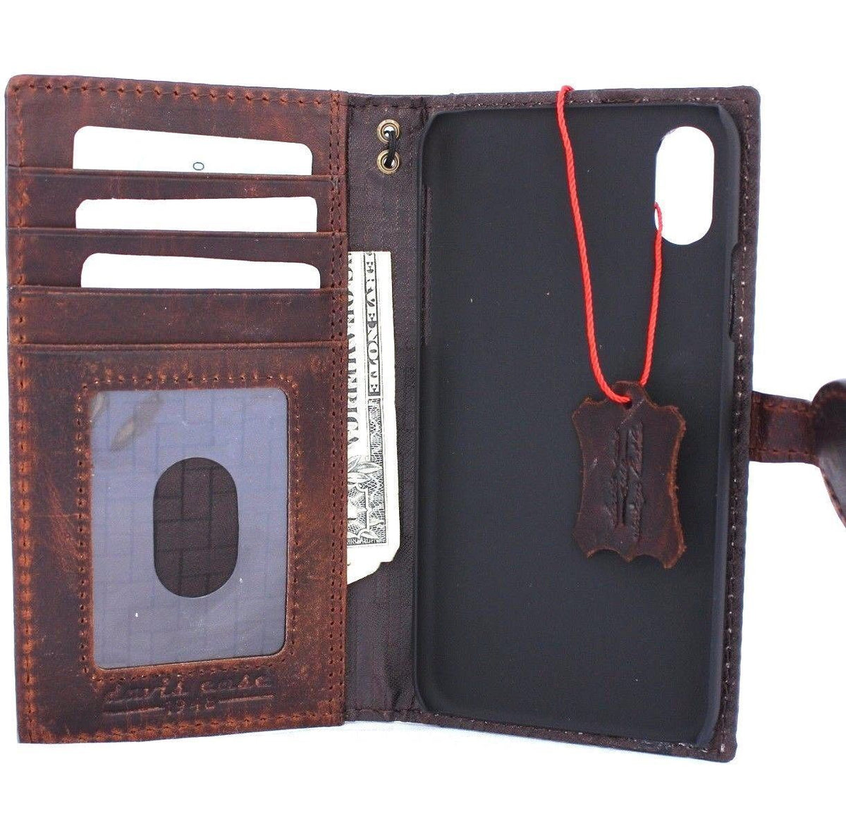 Vintage brown genuine leather iPhone X case with card slots and magnet closure, handmade by Daviscase D.
