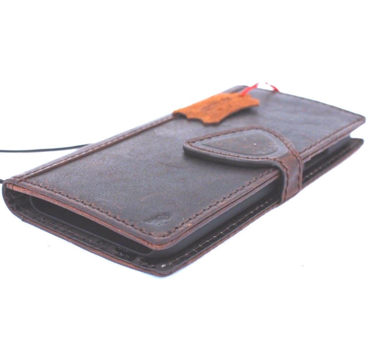 Brown genuine leather iPhone X case with wallet design, magnetic closure, card slots, and slim vintage style by Daviscase D.