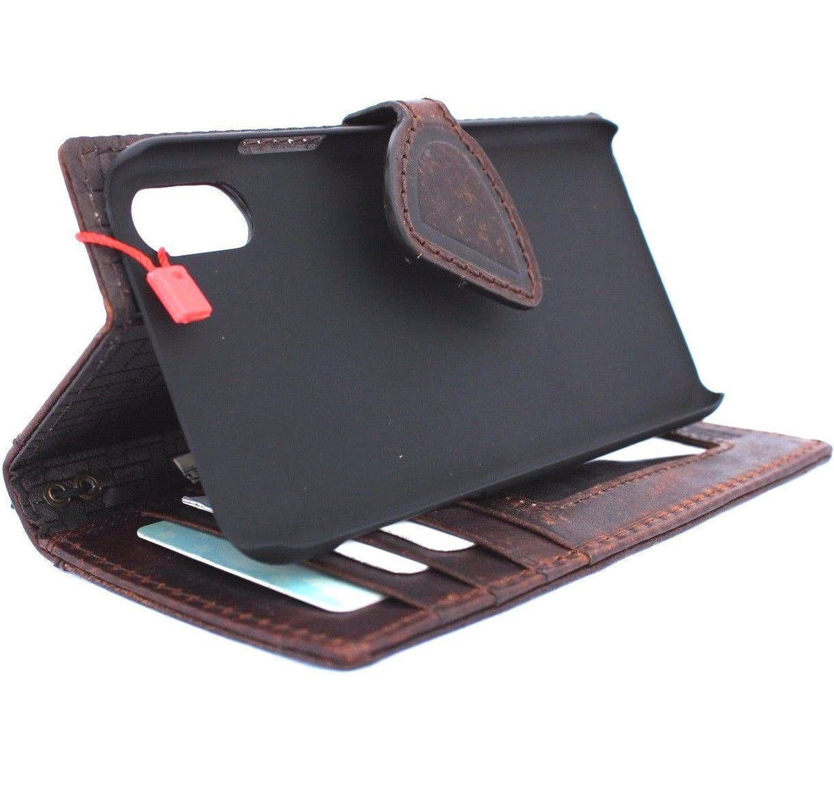 Vintage brown genuine leather iPhone X case with wallet design, card slots, magnet closure, handmade by Daviscase D.