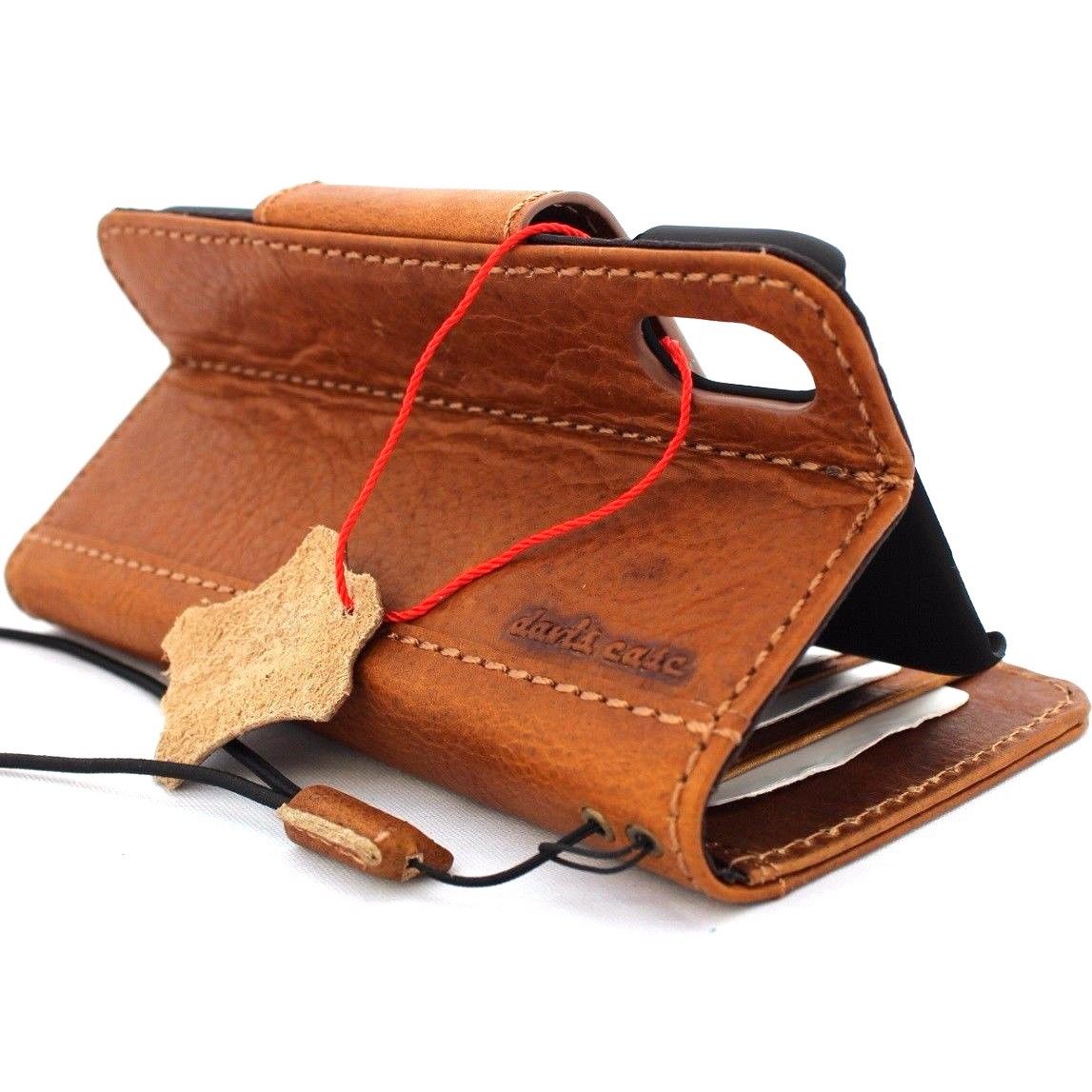 Bright brown genuine leather iPhone X wallet case with magnetic closure, card slots, and slim vintage design.