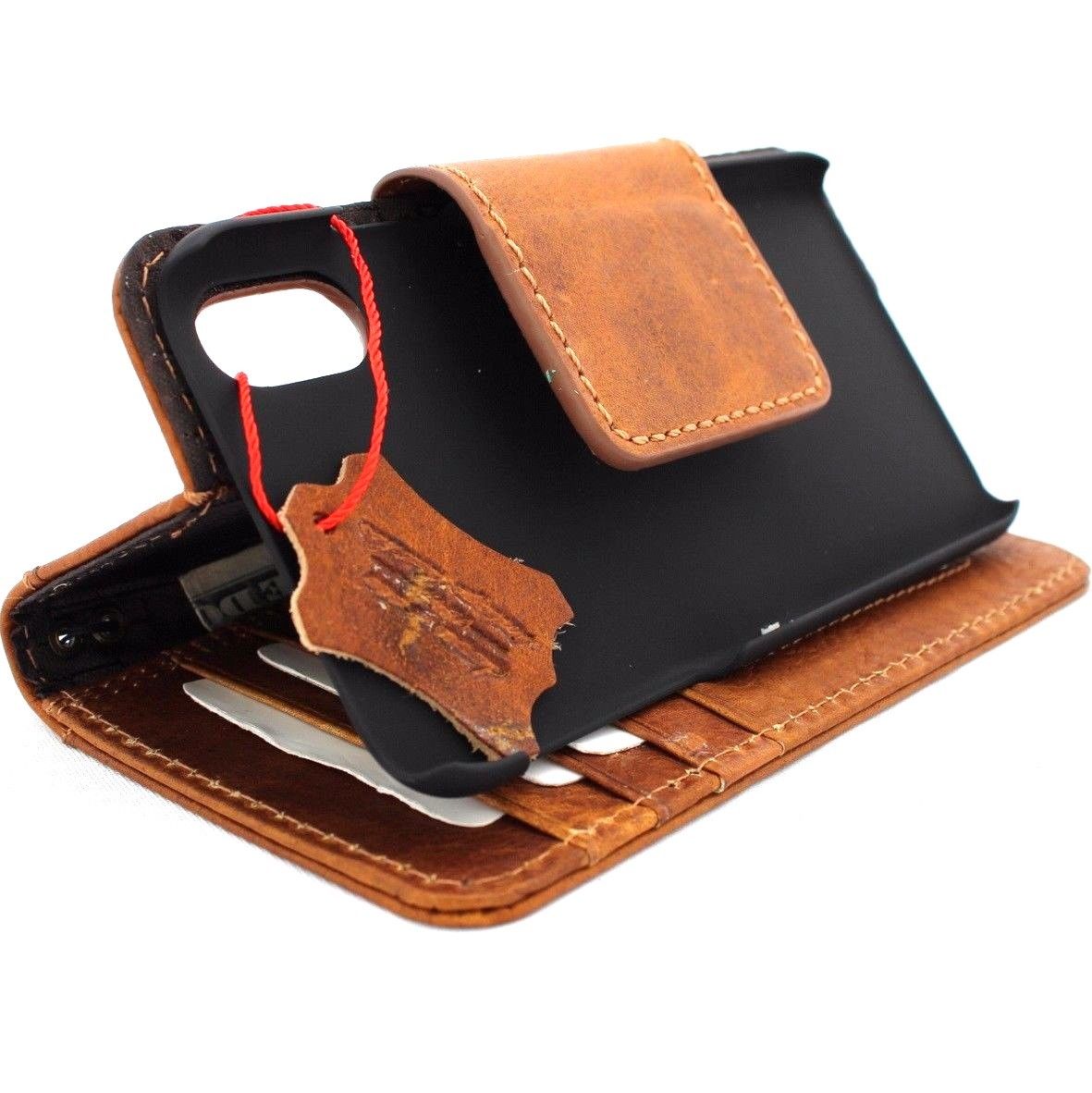 Bright brown genuine leather iPhone X wallet case with magnetic closure, card slots, slim vintage design, handmade by Daviscase.