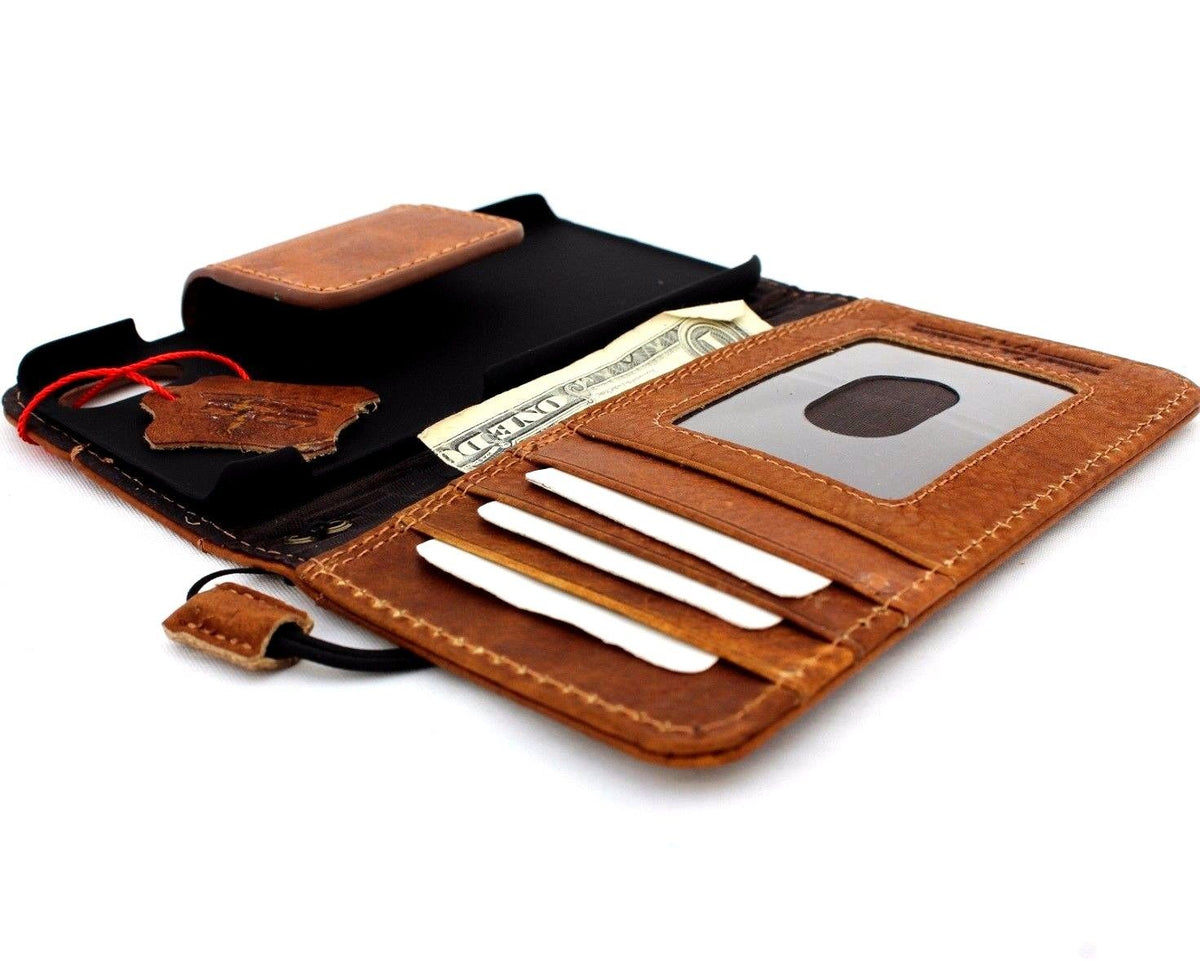 Bright brown genuine leather iPhone X case with magnetic closure, card slots, and slim vintage design by Daviscase.
