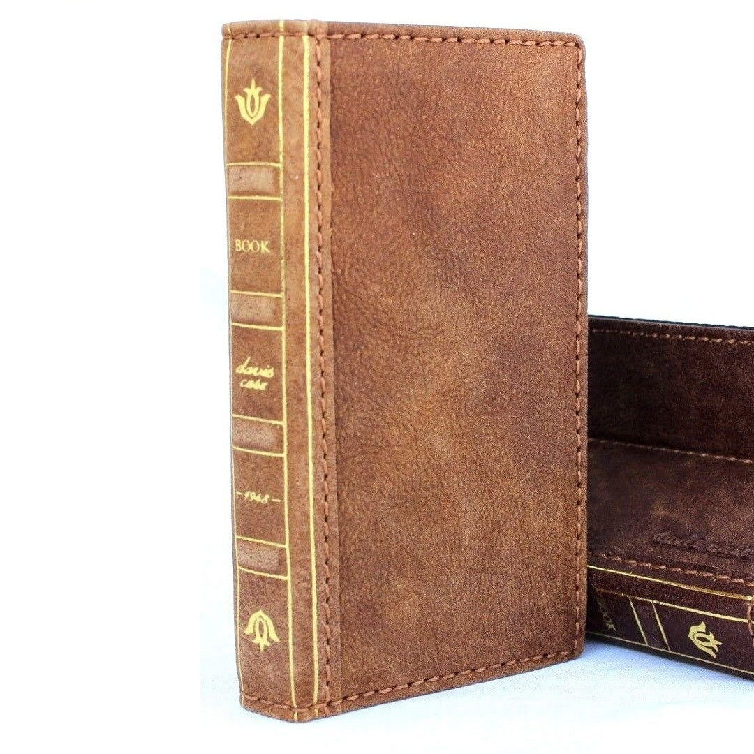 Vintage tan leather iPhone XS case with wallet design, card slots, slim fit, handmade by Daviscase, featuring a book-style closure.