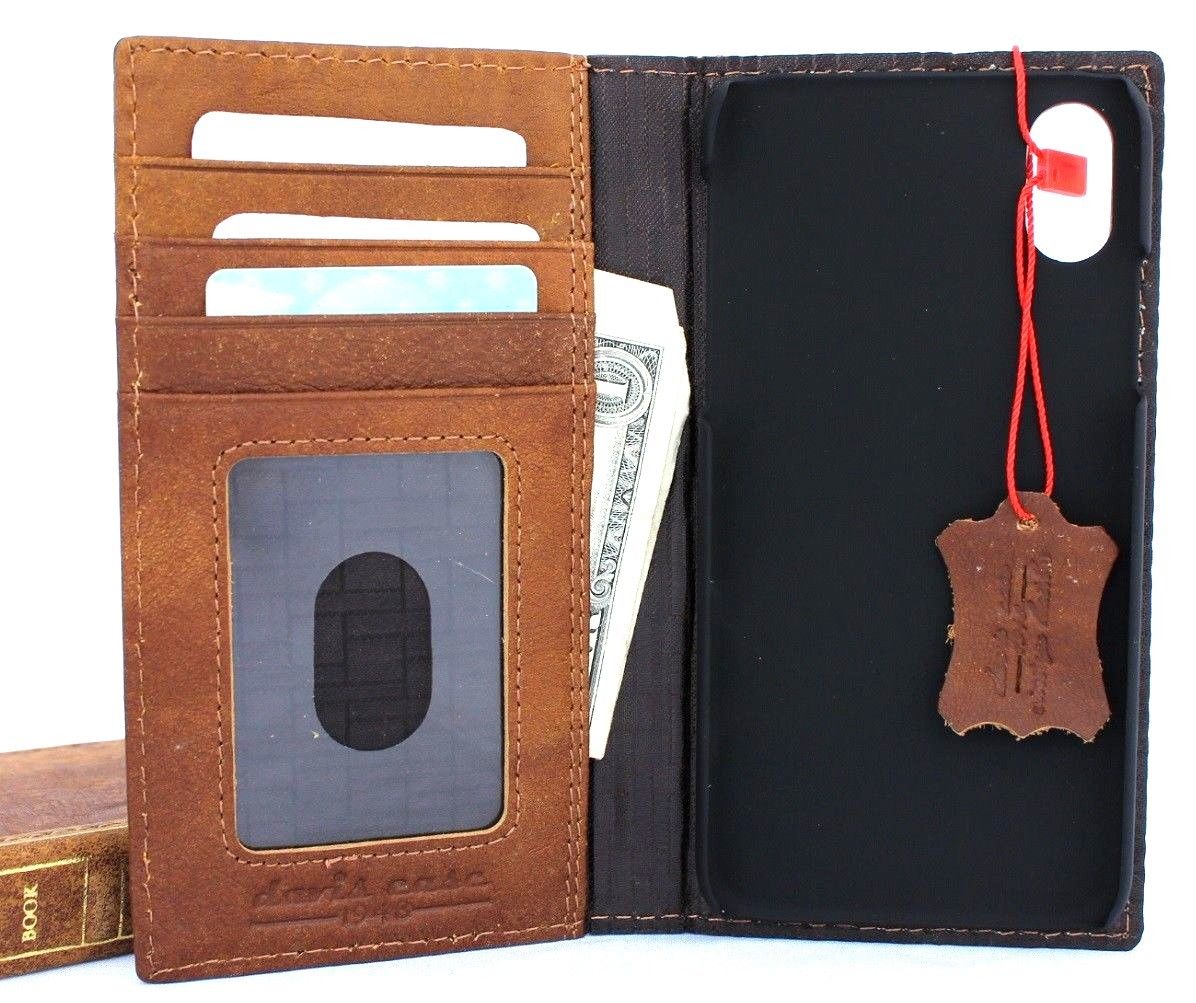 Vintage tan leather iPhone XS case with wallet style, card slots, slim design, handmade by Daviscase with a book-bible closure.
