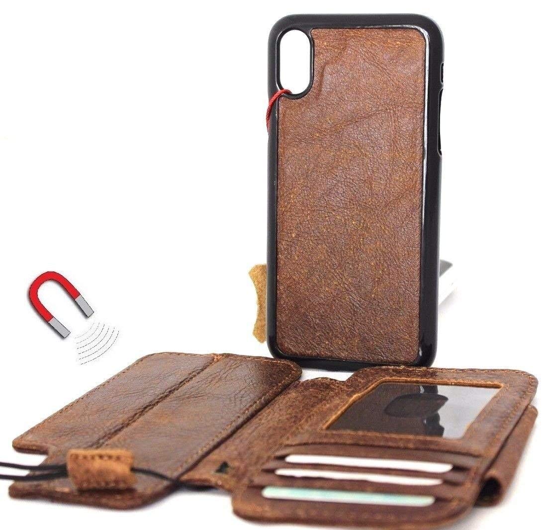 DavisCase genuine leather iPhone XS wallet case with credit card slots, magnetic closure, and removable slim design.