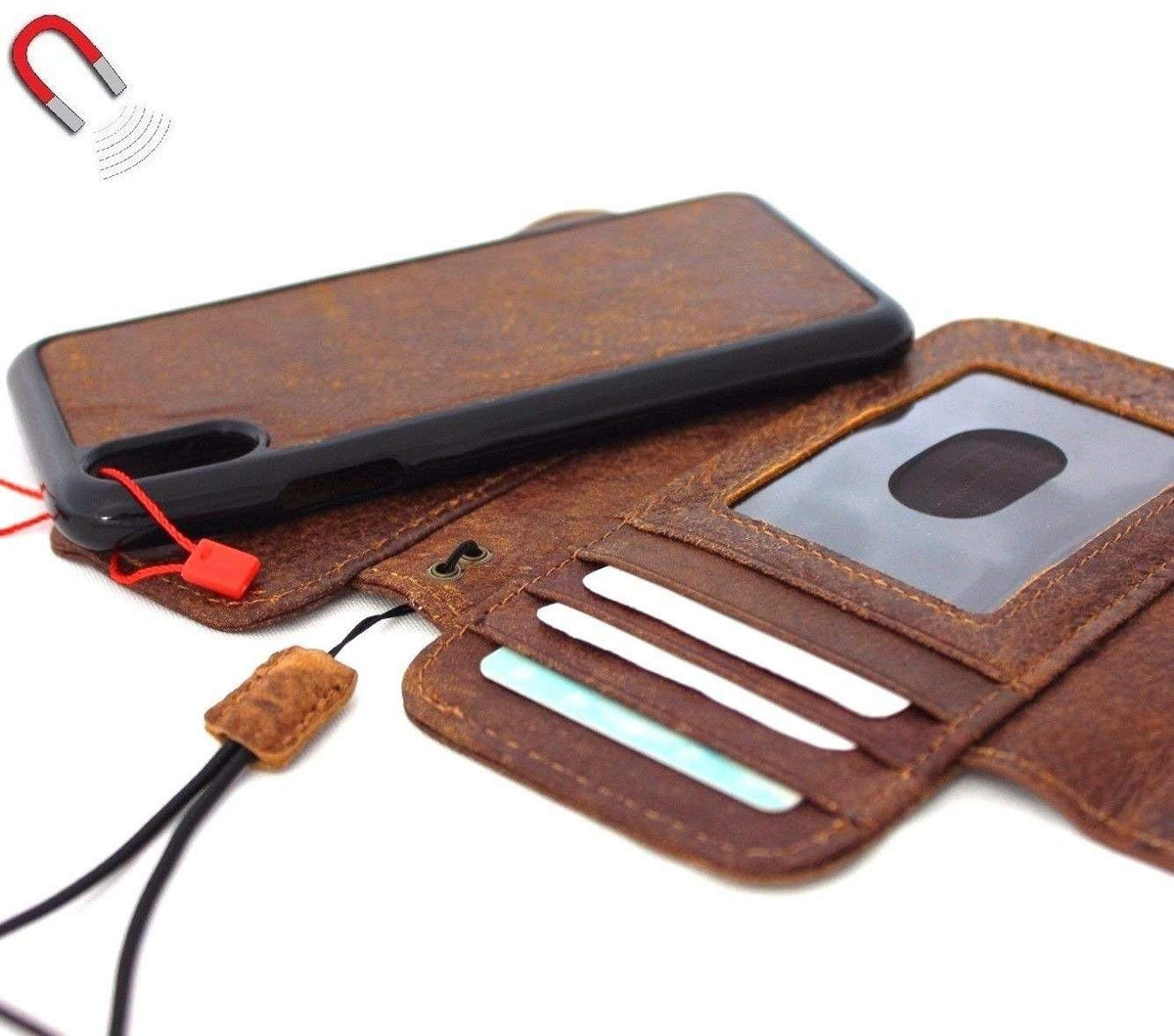 Daviscase genuine leather iPhone XS case with wallet design, credit card holder, magnetic flap, slim, removable cover, retro style.