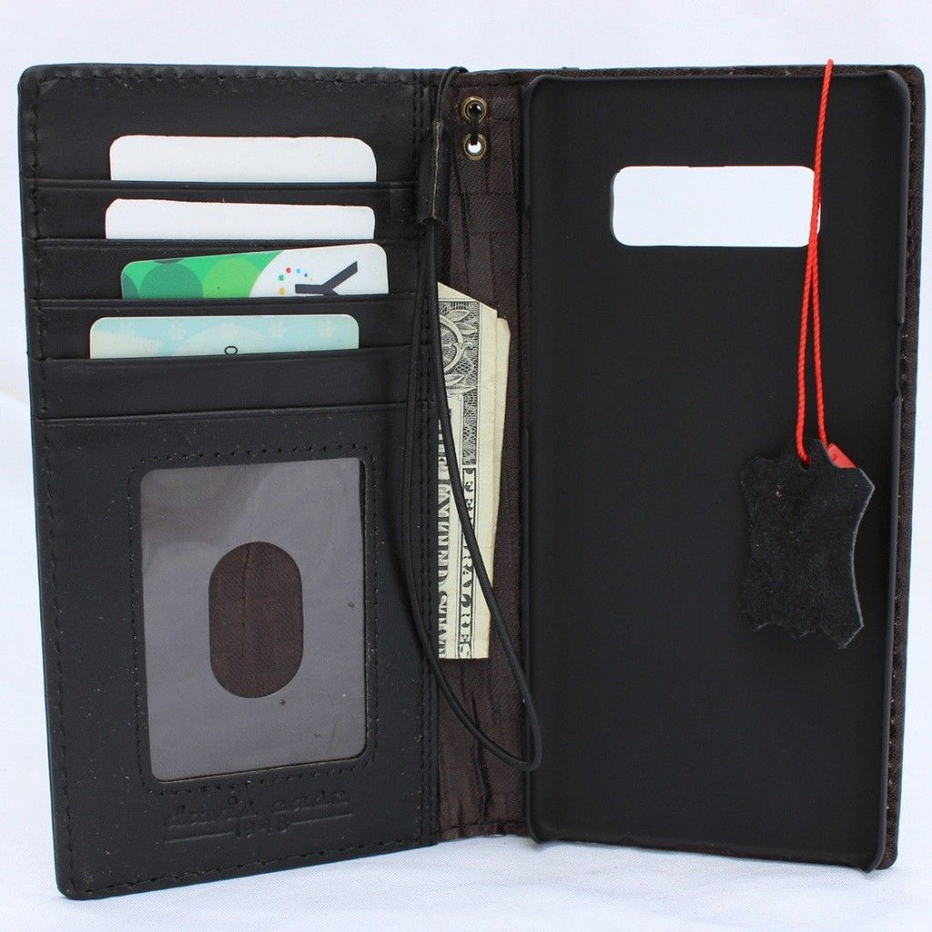 Black vintage leather case with card slots for Samsung Galaxy Note 8, handmade wallet cover, slim design, authentic leather finish.