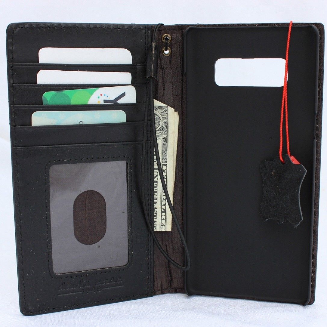 Black vintage leather case with card slots for Samsung Galaxy Note 8, handmade wallet cover, slim design, authentic leather finish.