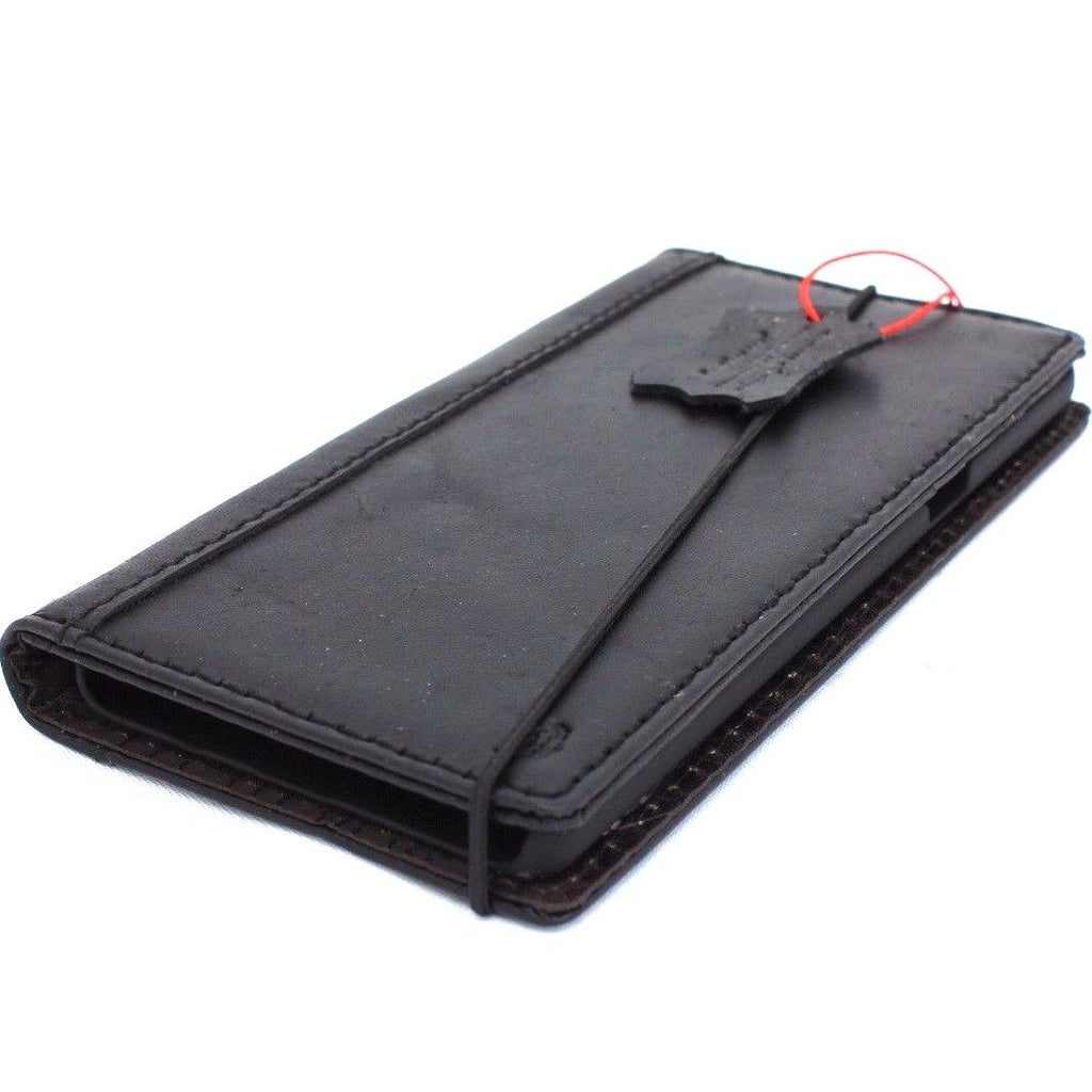 Black vintage leather Samsung Galaxy Note 8 wallet case with card slots, slim handmade design, showcasing the back and textured surface.