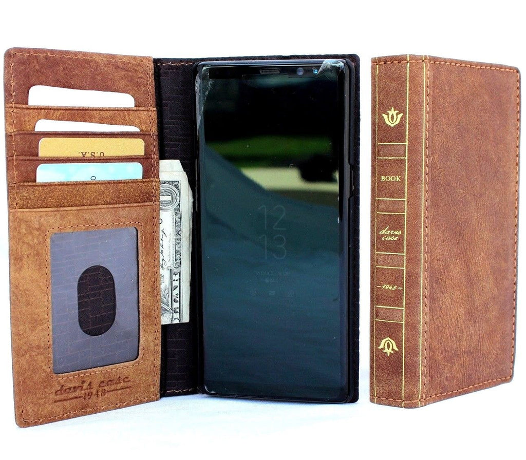 Handmade genuine leather Galaxy Note 8 Bible wallet case with card slots, slim design, soft vintage finish, suitable for wireless charging.