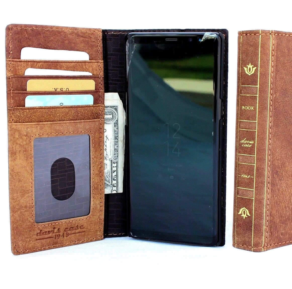 Handmade genuine leather case for Samsung Galaxy Note 8 with Bible design, card slots, slim fit, soft vintage style, wireless charging compatible