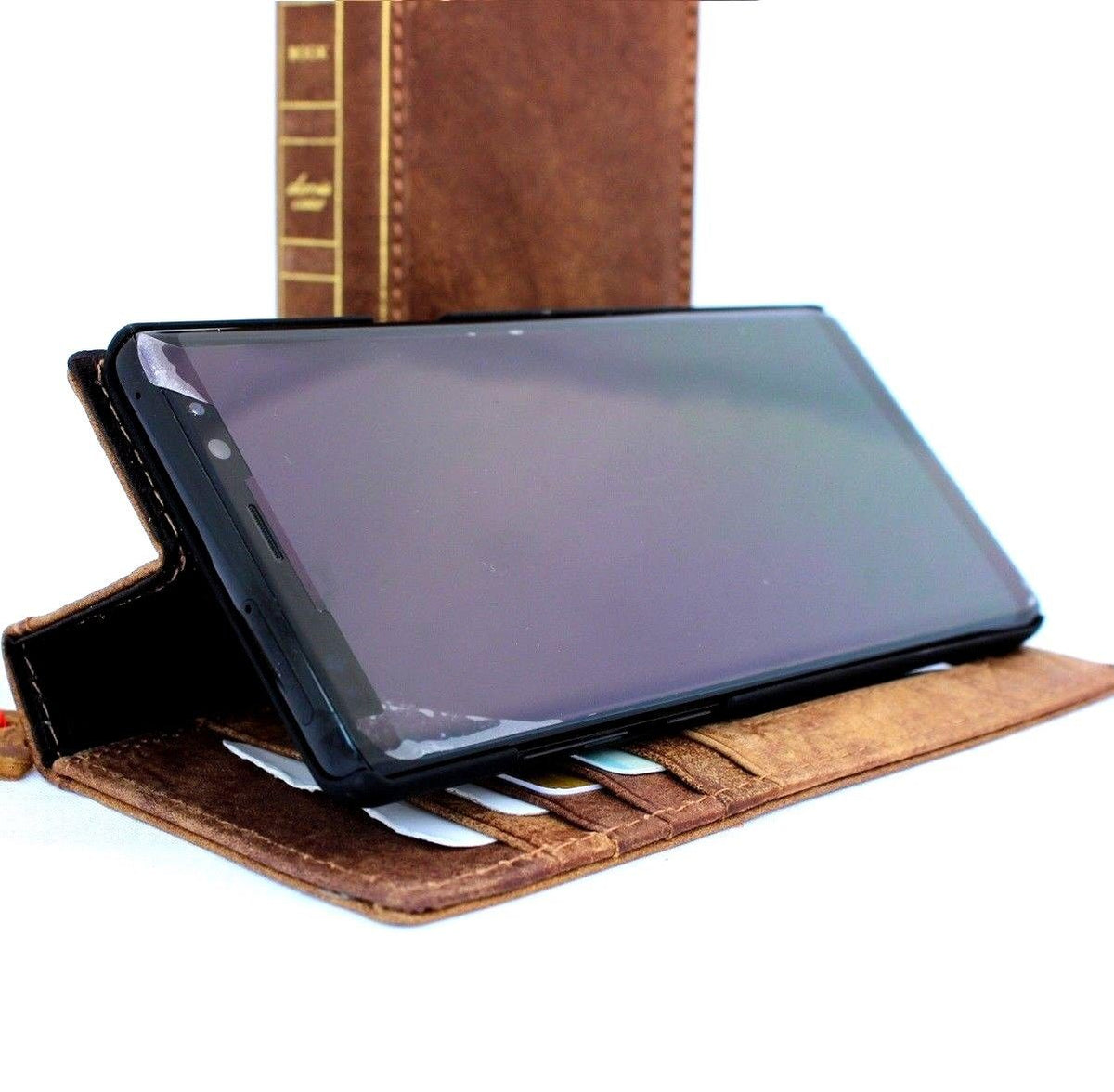 Genuine leather Samsung Galaxy Note 8 Bible wallet case with card slots, soft vintage design, slim fit, and wireless charging compatibility.