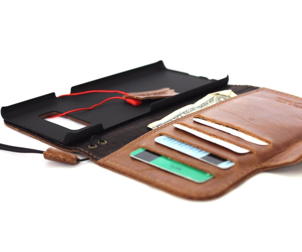 Genuine vintage tan leather Samsung Galaxy Note 8 wallet case with magnetic closure, card slots, slim design, handmade by Vendor-Unknown.