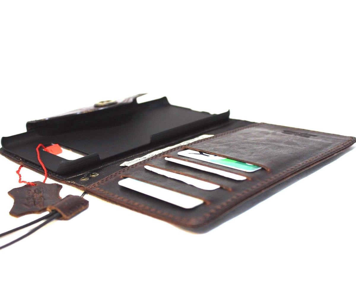 Brown genuine vintage leather Samsung Galaxy Note 8 wallet case with card slots, slim strap, and book-style closure.