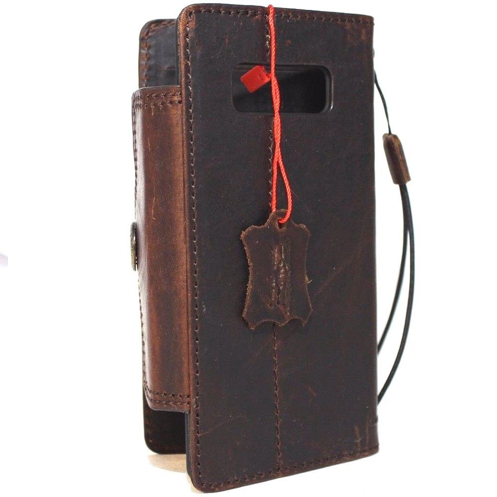 Brown vintage leather Samsung Galaxy Note 8 wallet case with card slots, slim strap, handmade design, and book-style closure.