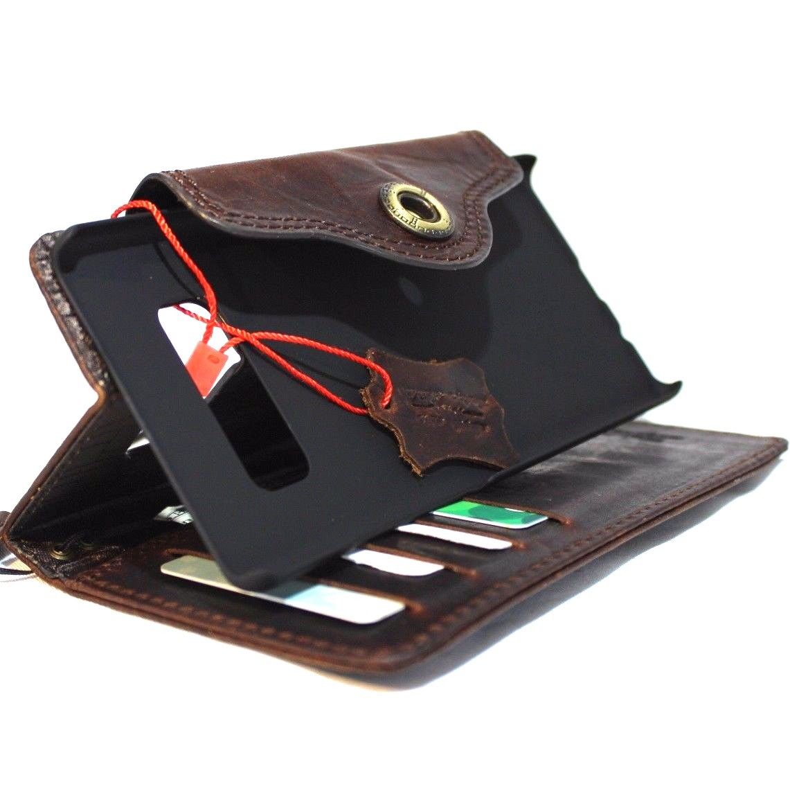 Brown genuine vintage leather Samsung Galaxy Note 8 wallet case with card slots, slim strap, and book-style closure.