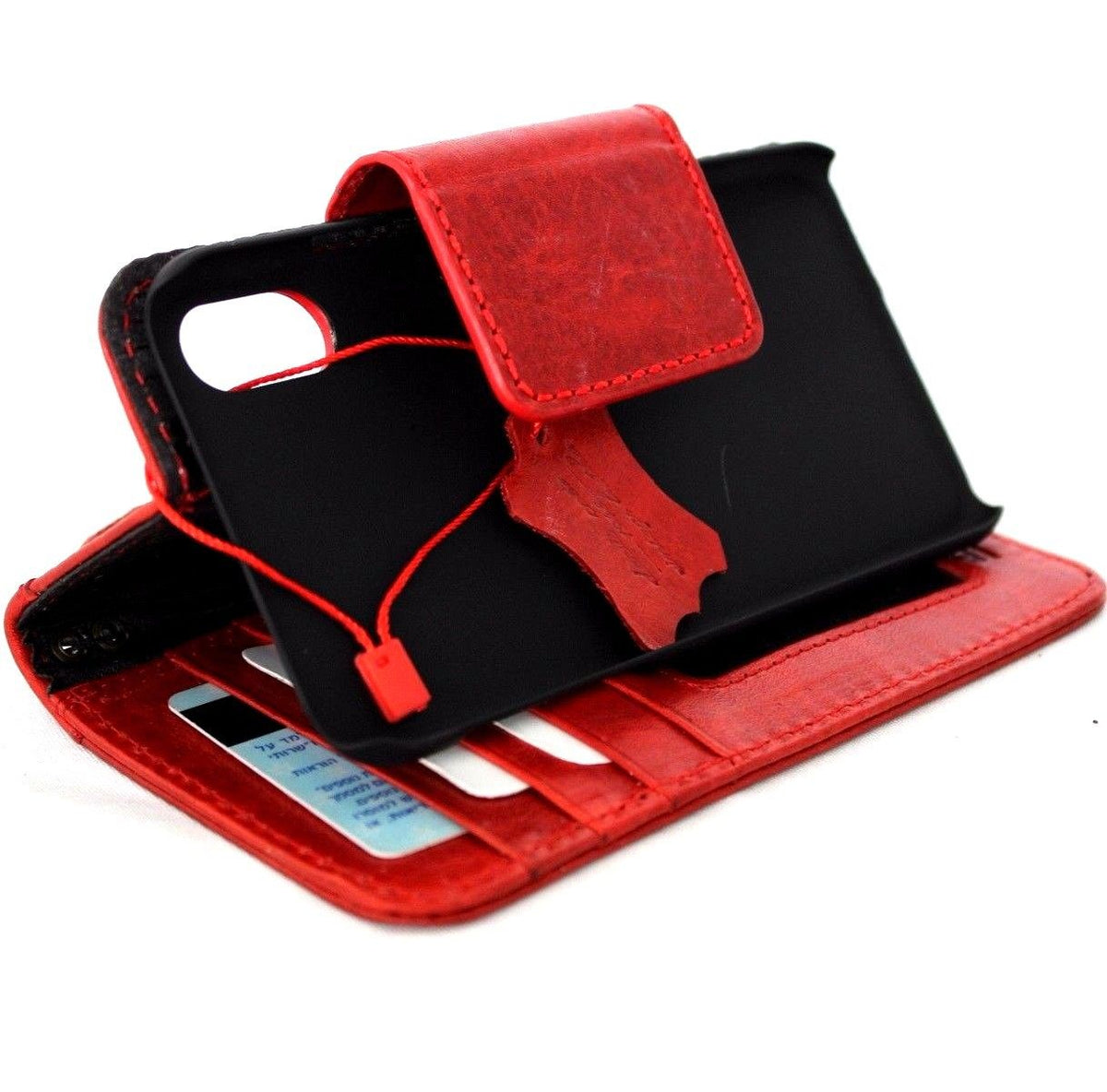 Red wine genuine leather iPhone X wallet case with magnetic closure, card slots, slim vintage design, handmade by Daviscase.