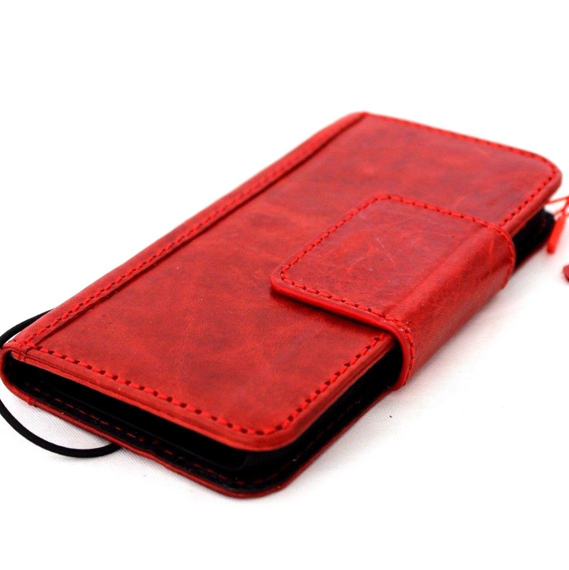 Red wine genuine leather iPhone X book wallet case with magnetic closure, card slots, slim vintage design, handmade by Daviscase.