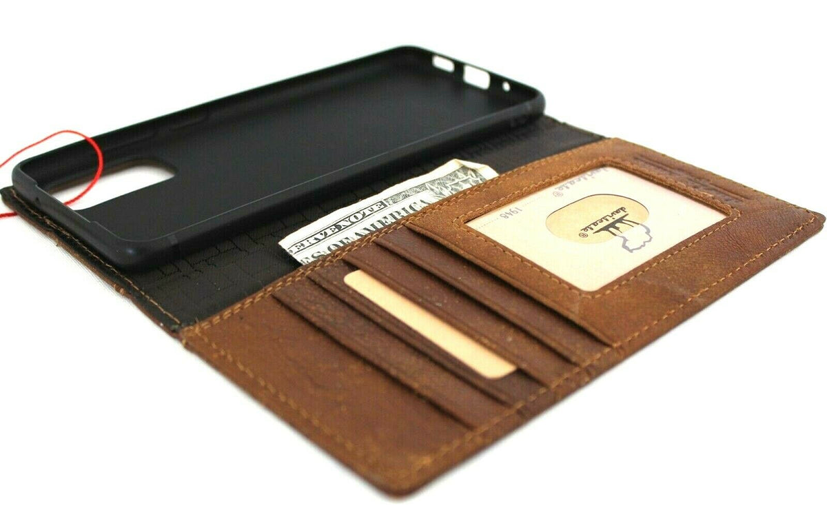 Genuine leather Bible tan wallet case for Samsung Galaxy S20 Plus by DAVISCASE, with card slots and wireless charging holder.