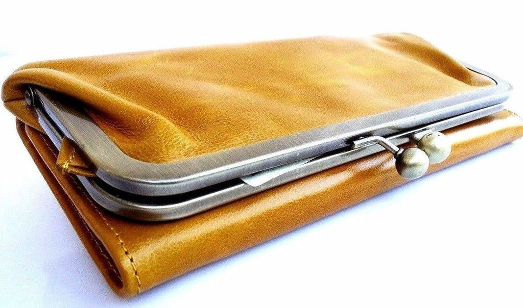 Yellow genuine leather women's wallet with card slots, coin pouch, and clutch design by DAVISCASE.
