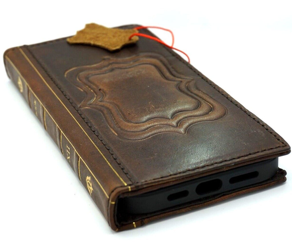 Vintage leather wallet case for iPhone 11-15 Pro Max by DAVISCASE, with card slots, full grain leather, handcrafted, elegant style.