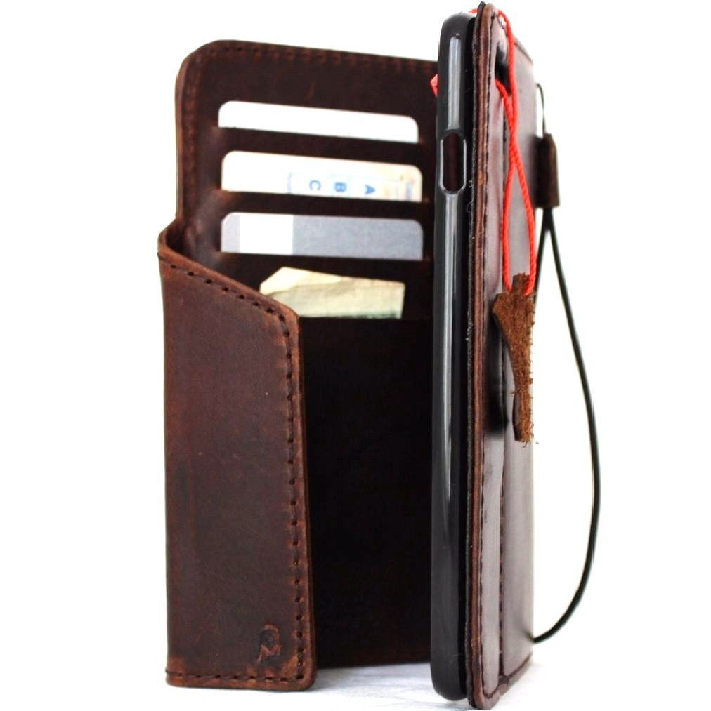 Genuine dark brown leather iPhone 8 Plus case with magnetic cover, wallet style with card slots, handcrafted by DAVISCASE