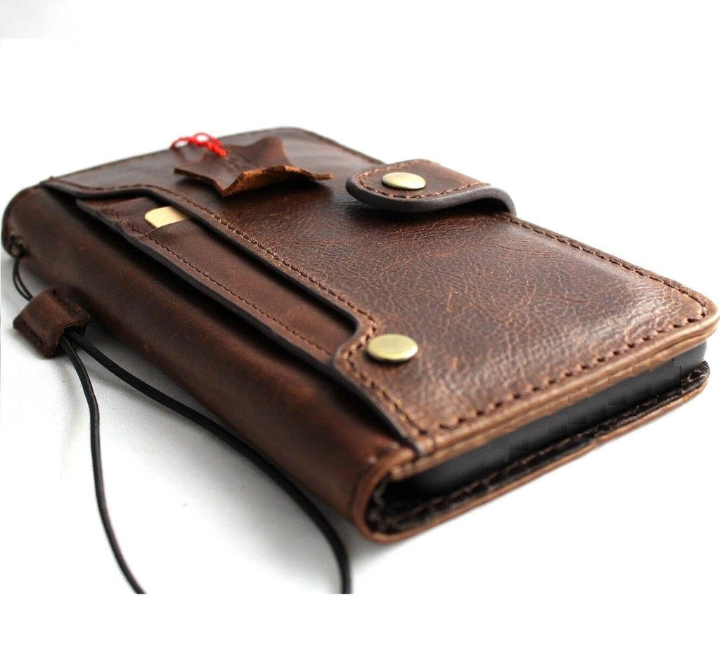 Handmade genuine leather phone case for iPhone models, vintage-style wallet with ID window and cover, by DAVISCASE.