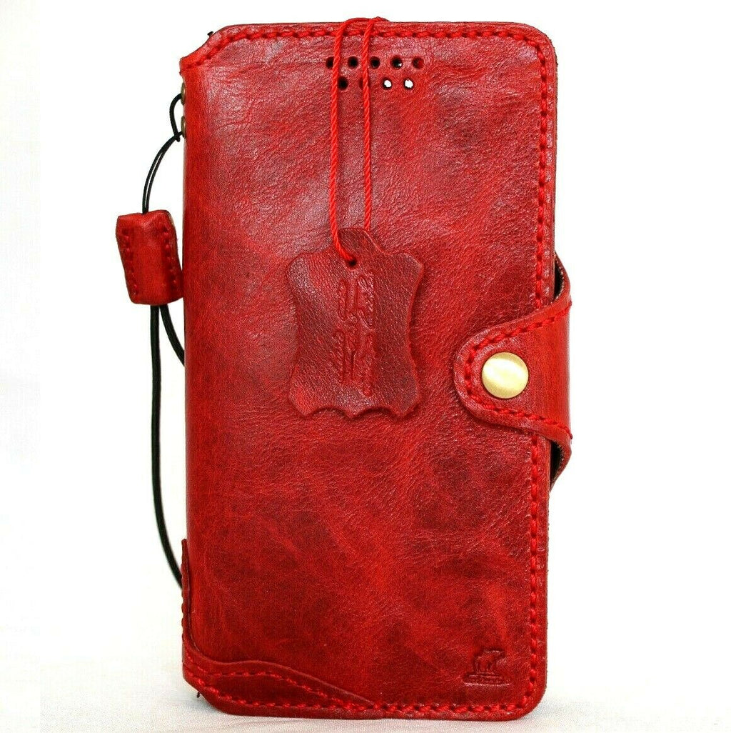 Genuine red leather iPhone 12 Pro case with vintage book wallet design, credit card slots, soft slim cover by DAVISCASE