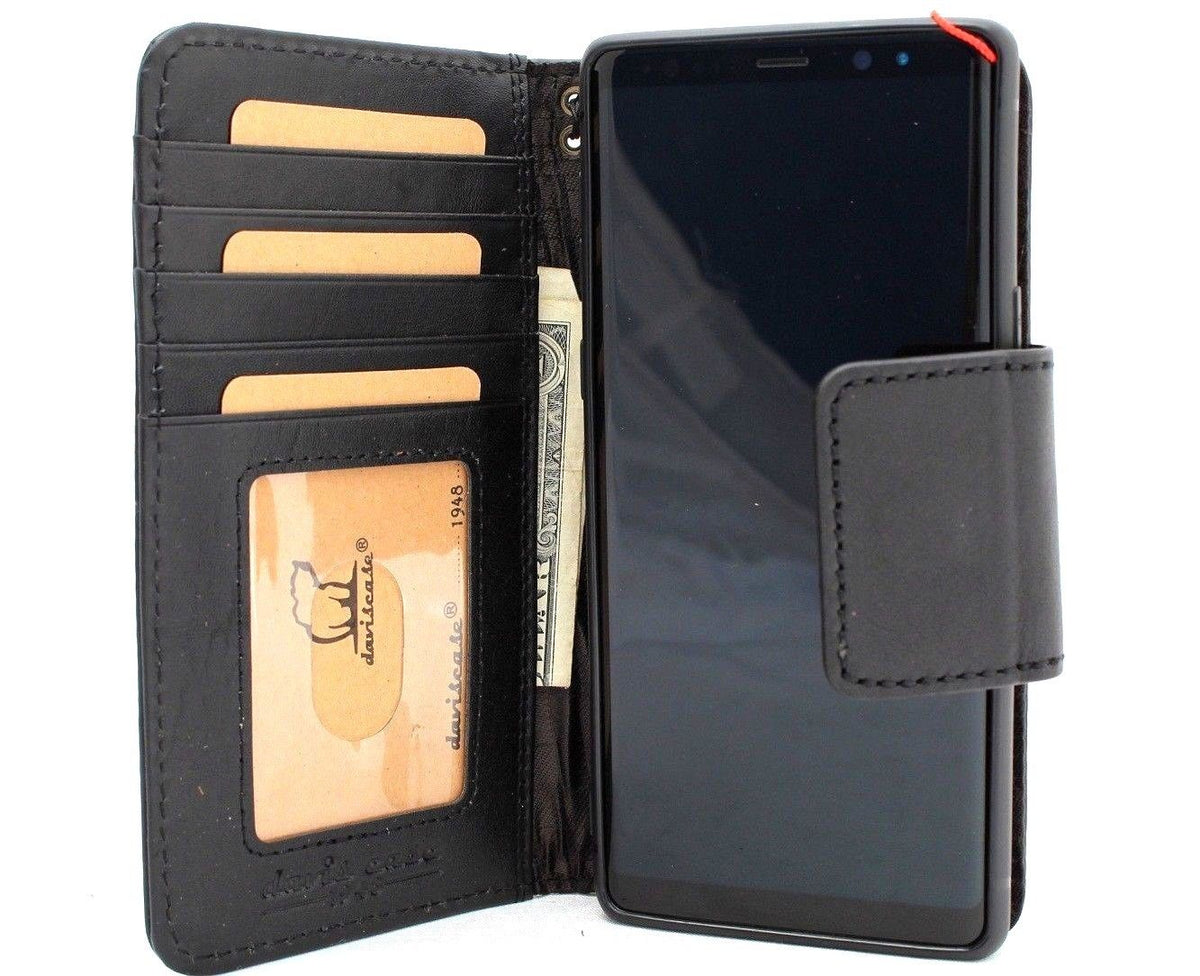 Vintage black leather phone case for Samsung Galaxy Note 9 with card slots, magnetic closure, slim design, handmade by DavisCase.