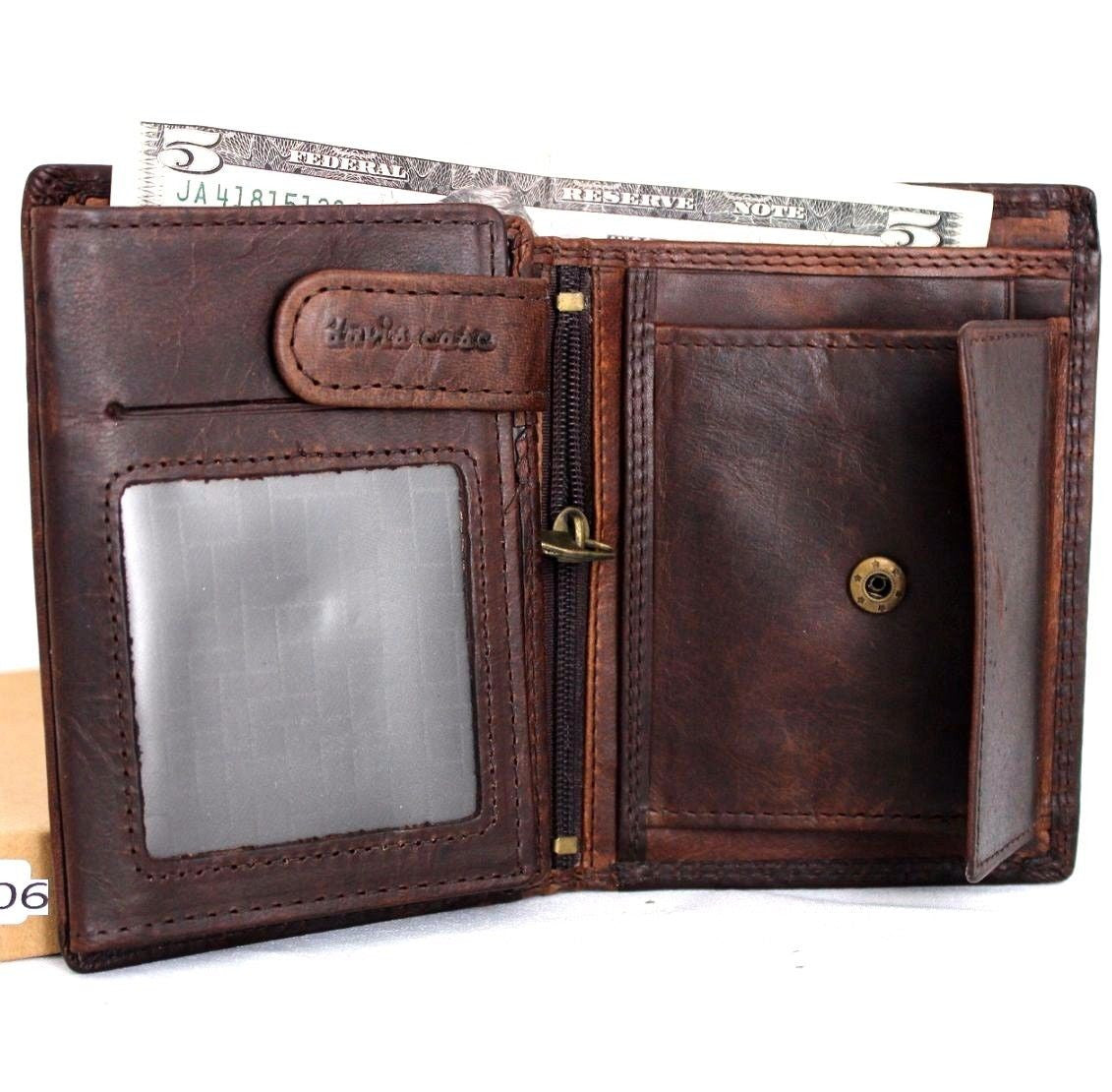 Men's vintage leather wallet by DAVISCASE, brown Italian natural skin wallet with coin pocket and retro style design.