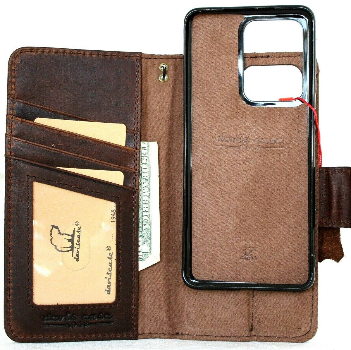 Genuine vintage leather case for Samsung Galaxy Note 20 Ultra by DAVISCASE with wallet slots, detachable holder, magnetic closure.