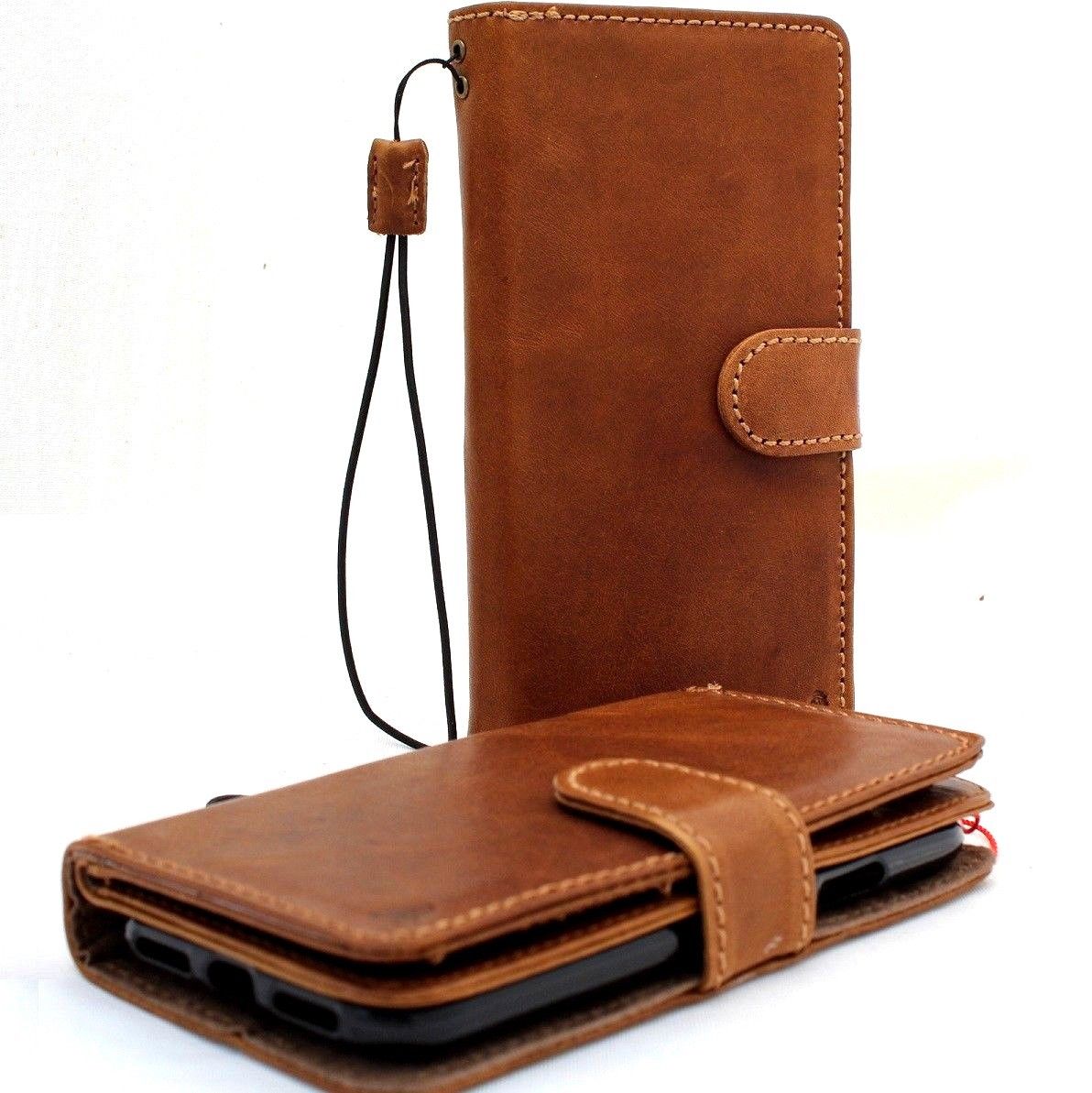 Leather wallet case for Apple iPhone XS by DAVISCASE, featuring a magnetic book design, tan color, and removable credit holder.