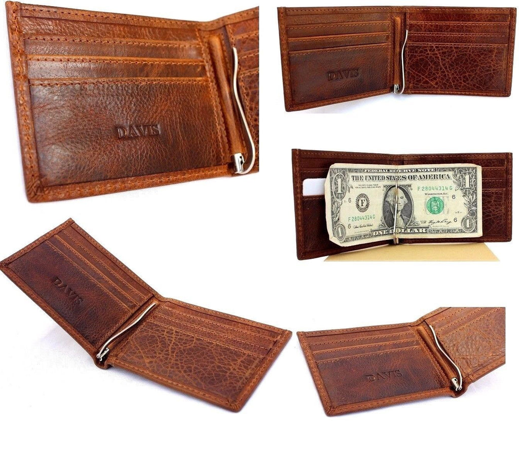 Mens genuine full leather wallet by DAVISCASE, handcrafted credit card holder with personalized initials and slim design.
