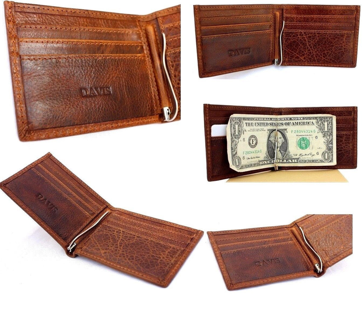 Handmade genuine leather men's wallet with custom engraved Daviscase stamp, slim design, holds credit cards and cash.