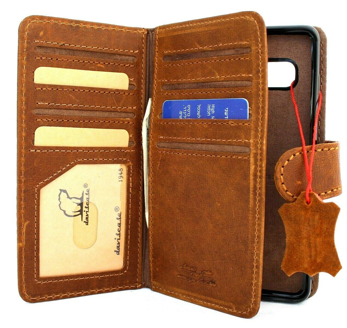 Genuine leather Samsung Galaxy S10 wallet case by DAVISCASE with card slots, rubber window, magnetic flip closure, and detachable design.