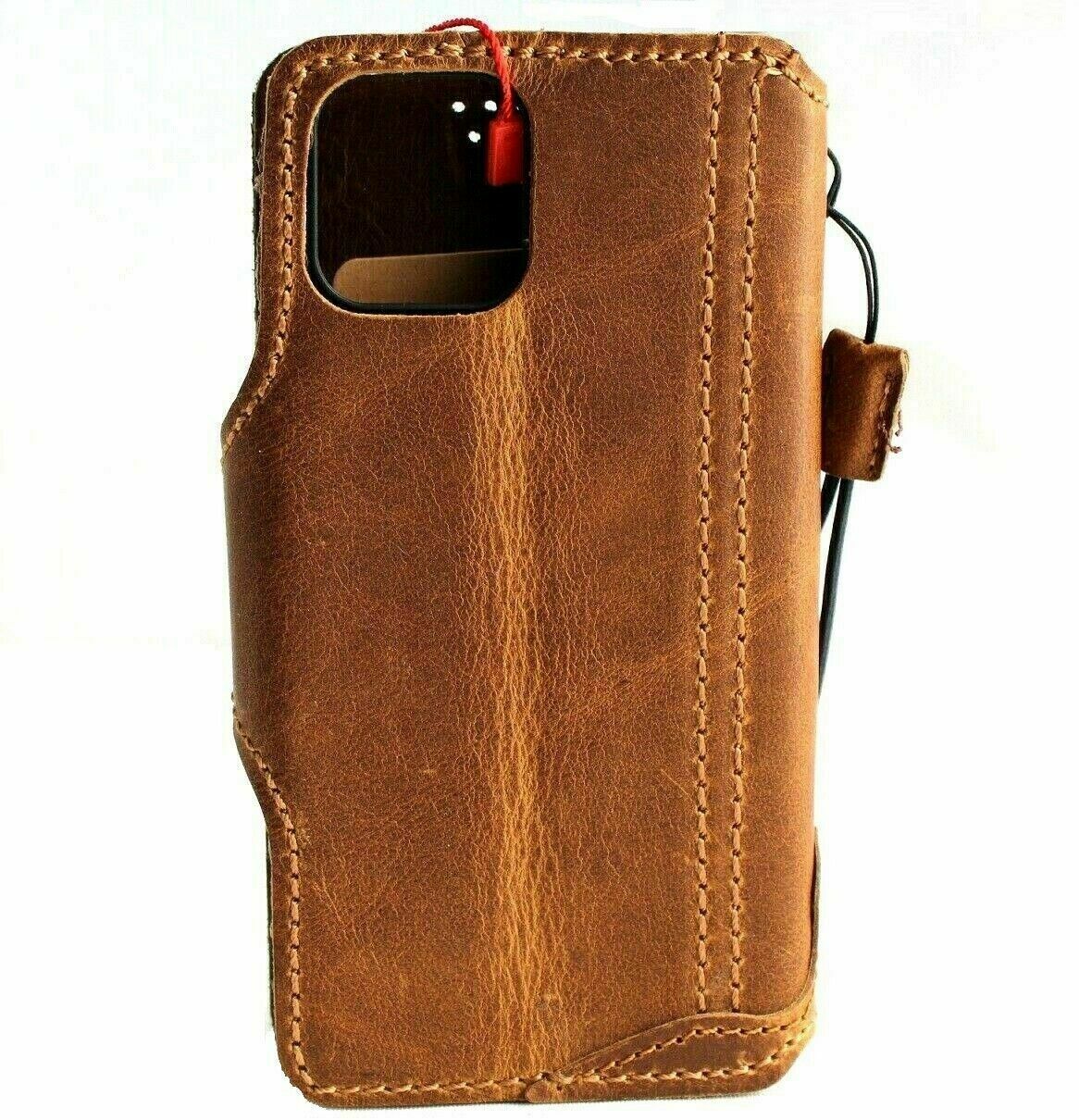 Handmade genuine leather phone case for Apple iPhone models, vintage tan wallet cover with credit card slots and full grain leather finish.