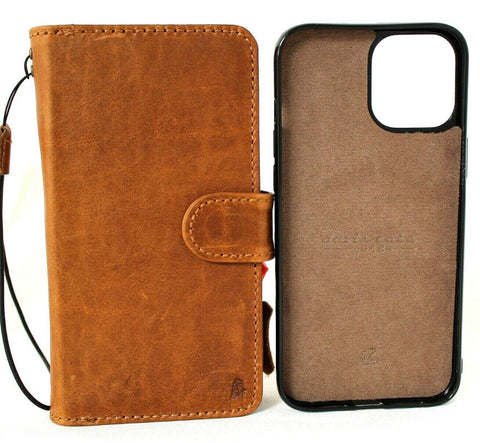 Genuine Natural Leather Case For Apple iPhone 12 Book Wallet Vintage Style Credit Cards Slots Soft Removable Magnetic Cover Tan Full Grain DavisCase