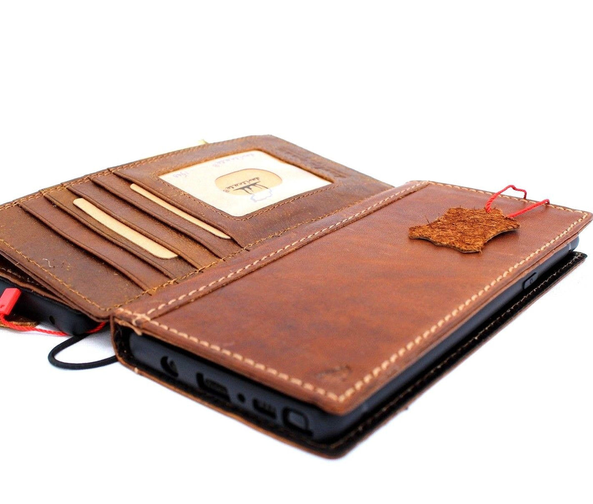 Vintage tan leather Samsung Galaxy Note 9 wallet case with elastic strap and card slots, handmade by DavisCase.
