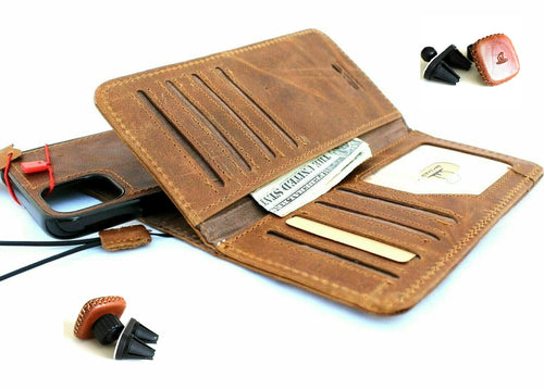 Handmade genuine leather case for Apple iPhone 11 Pro Max with wallet, magnetic closure, and removable magnetic car holder.
